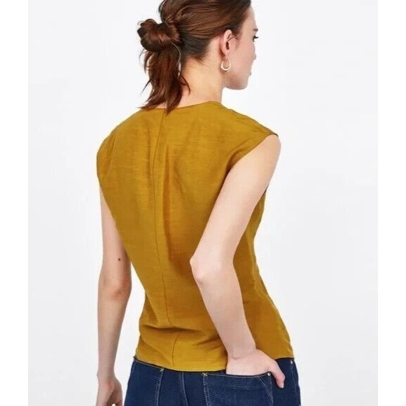 Zara Woman Sz 5 Knotted V-Neck Top Mustard Yellow Sleeveless Linen Cotton Blend - Picture 4 of 16